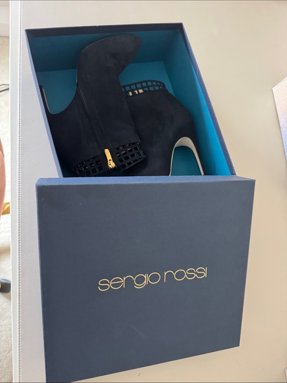 Sergio Rossi Black Suede Perforated Cuff Ankle Boots with Gold Zipper